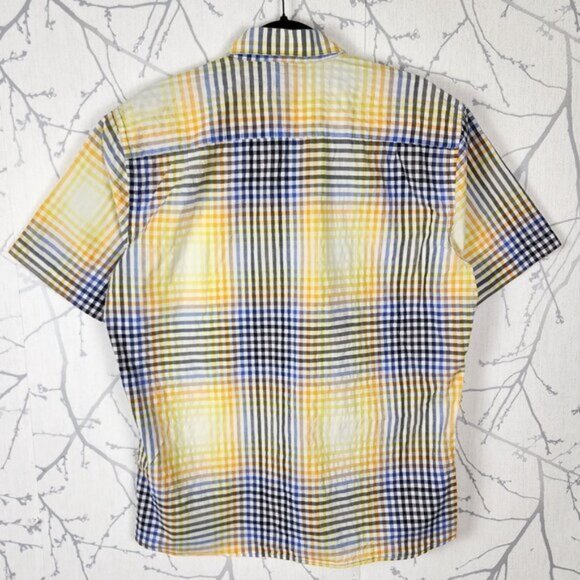 Modango Yellow Gingham Plaid 100% Cotton Short Sleeve Shirt - Picture 2 of 4